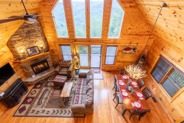 Smart TV, fireplace, table football, books