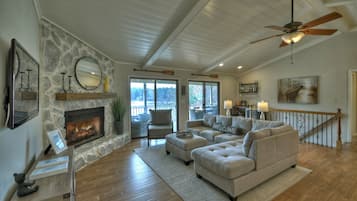 TV connectée, cheminée, lecteur de DVD, chaîne hi-fi