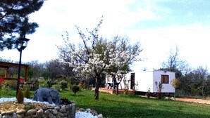 A residential area with a white mobile home, a stone wall, and a tree with white blossoms. - Quiet and very few neighbors around (Riez)