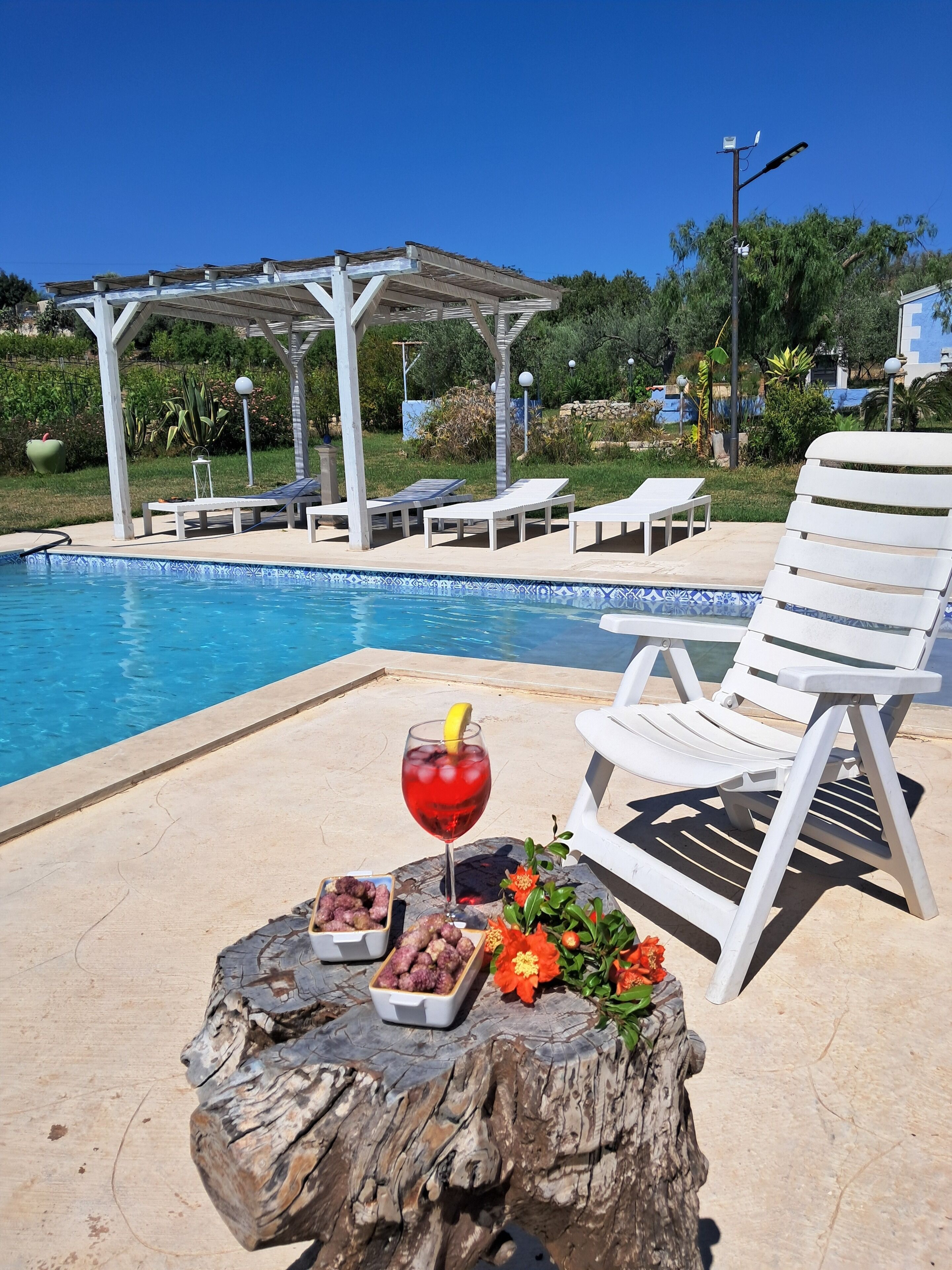 A poolside area with lounge chairs, a table with snacks and a drink, and a pergola structure.