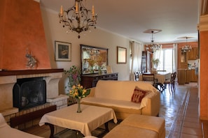 Televisio, takka, kirjoja, musiikkikirjasto