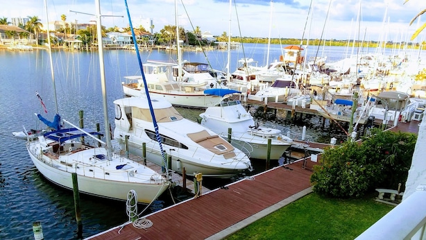 A marina with several boats docked, a wooden dock, and a grassy area. - Waterside, Studio #21, Family Friendly, Close to Beach (Clearwater Beach)