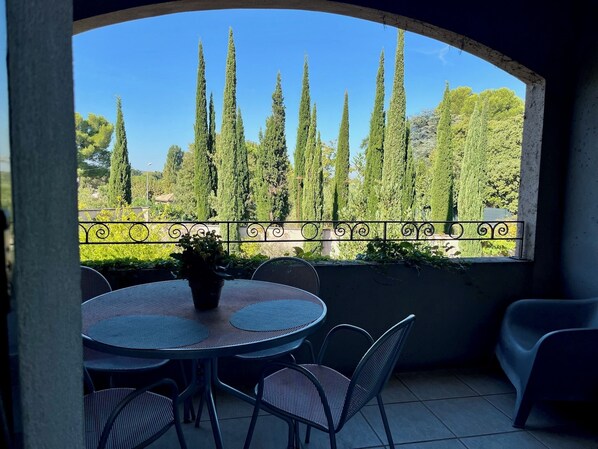 A patio with a round table and chairs, a potted plant, and a view of tall trees and greenery.