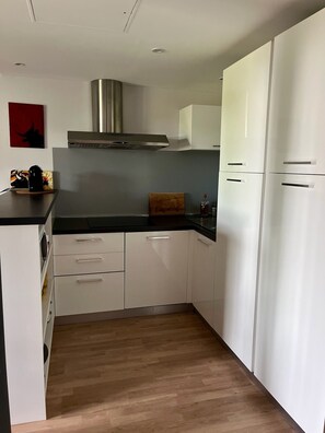 A modern kitchen with white cabinets, a black countertop, and a stainless steel range hood.
