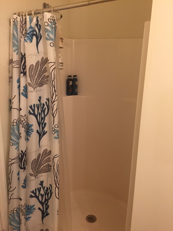A shower area with a curtain featuring a leaf pattern.