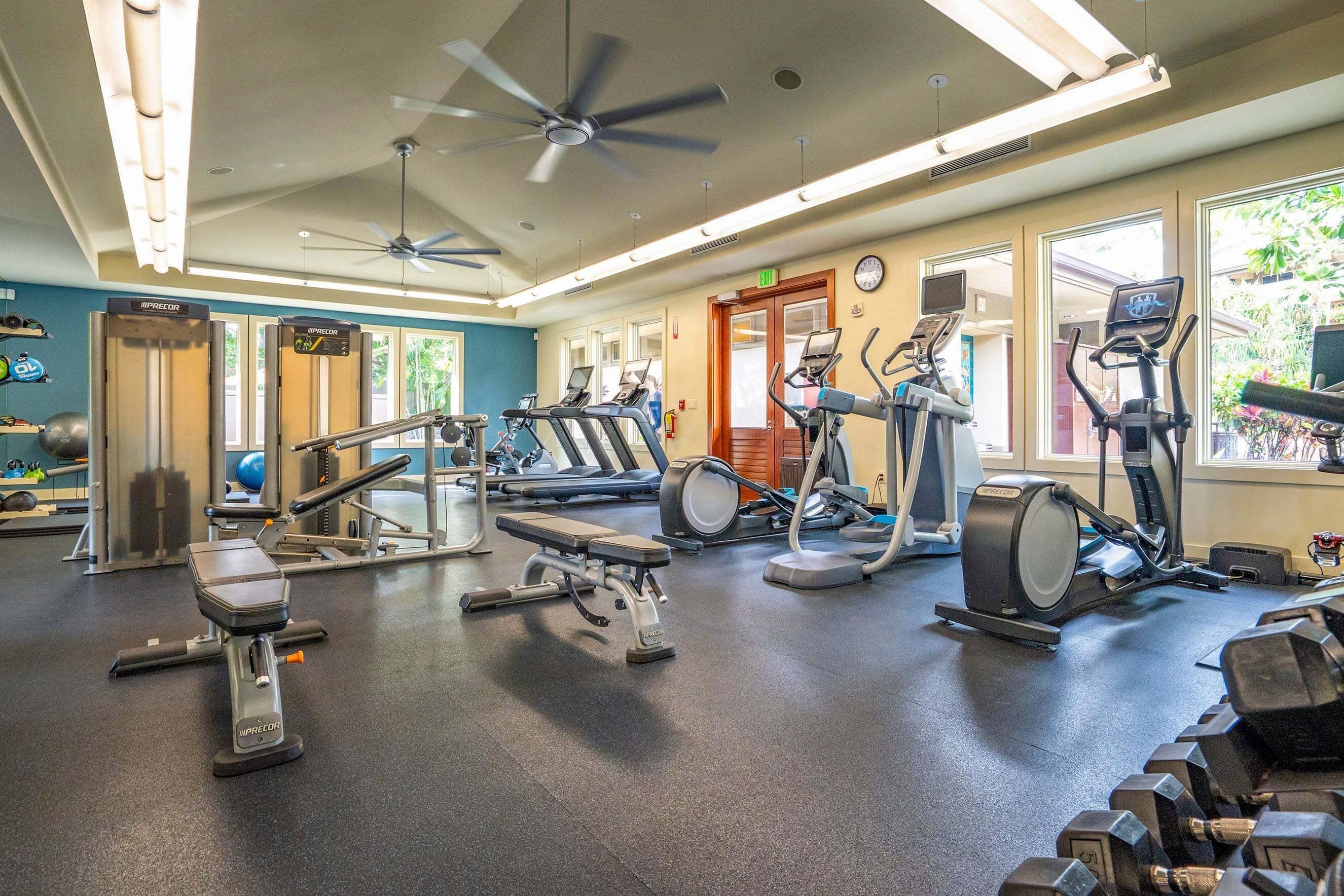 A gym with various exercise equipment, including treadmills, elliptical machines, and free weights.