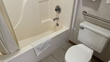 Combined shower/tub, hair dryer, towels, soap