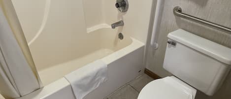 Combined shower/tub, hair dryer, towels, soap