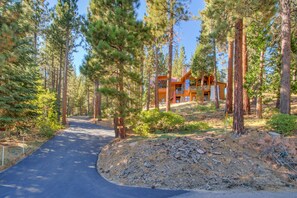 Escape to a secluded lodge surrounded by tall pine trees, offering a tranquil retreat amidst nature.
