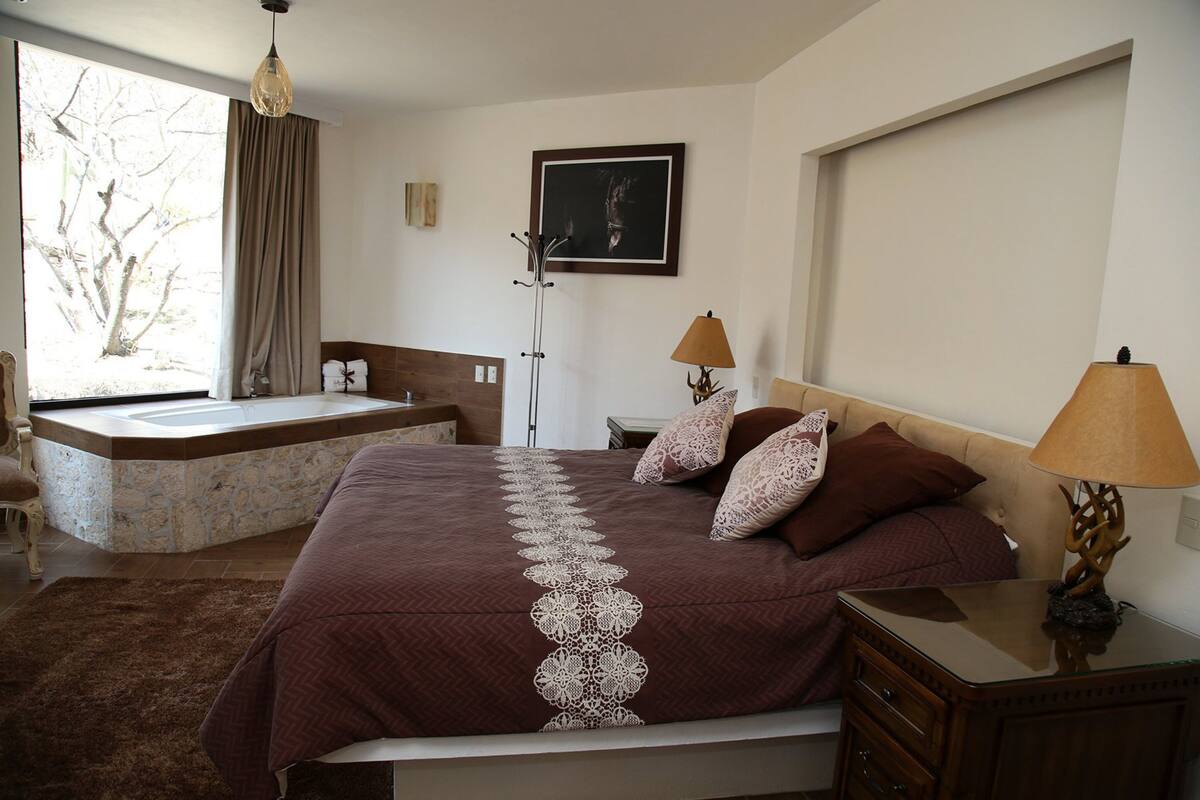 A bedroom with a large bed, a sitting area with a view, a bathtub, and a lamp.