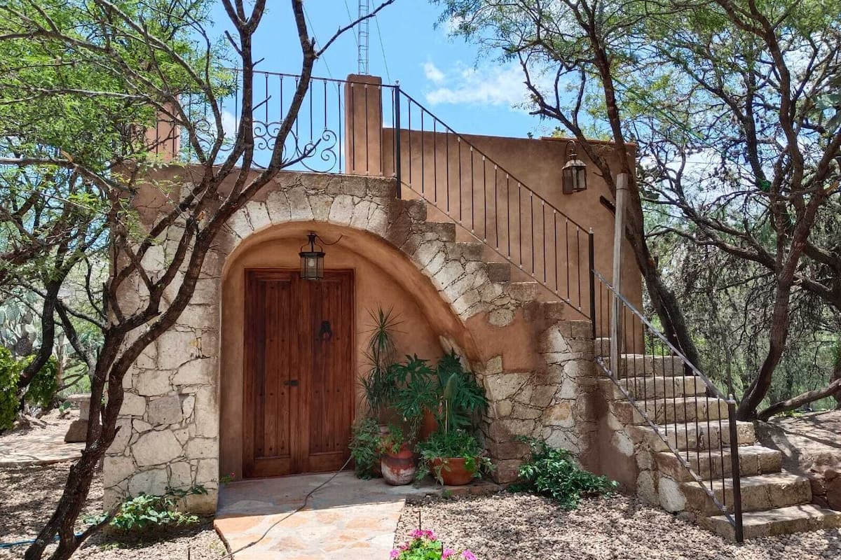 A stone archway leading to a wooden door, a stone staircase, and potted plants.