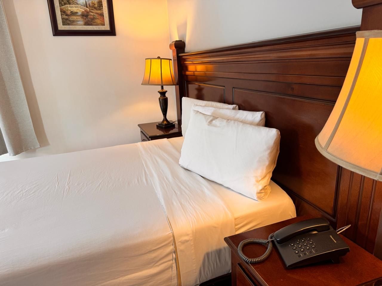 A hotel room with a bed, a bedside lamp, a telephone, and a picture on the wall.