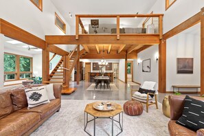 Smart TV, fireplace, books, offices
