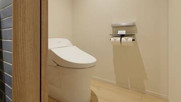 A modern bathroom with a toilet, a toilet paper holder, and a wooden floor.