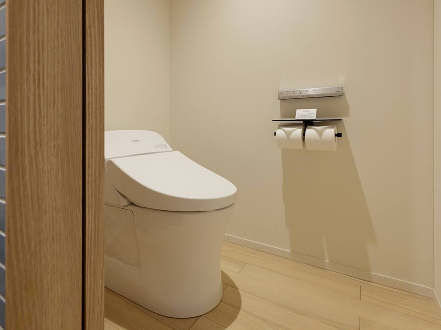 A modern bathroom with a toilet, a toilet paper holder, and a wooden floor.