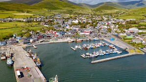 Une ville côtière dotée d’un port de plaisance, de maisons et, en arrière-plan, de collines verdoyantes.