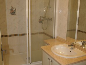 Een badkamer met een douche, een wastafel en een spiegel.