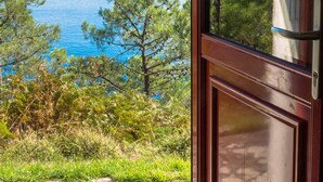 Une porte en bois avec un panneau de verre, qui donne sur un paysage comprenant un lac et des arbres.