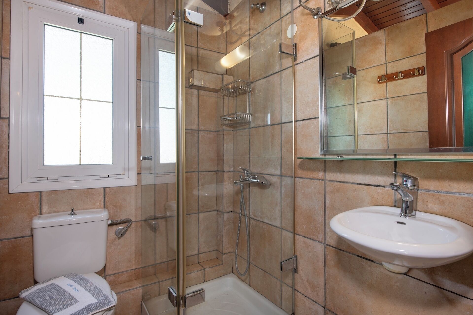 Un bagno con doccia vetrata, un water, un lavandino e uno specchio.