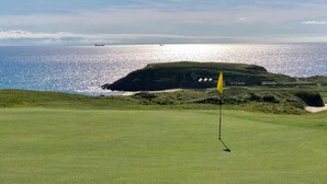 A golf course with a flagstick in the foreground and a coastal view in the background. - The Lizard Bluewater (Helston)