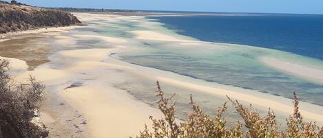 On the beach, sun loungers