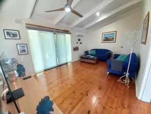 Smart TV, caminetto, lettore DVD, libri