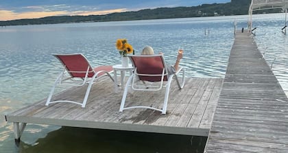 Charming beach house on Lake Leelanau. Includes kayaks and a fireplace.