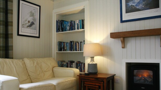A living room with a sofa, a bookshelf, a lamp, a fireplace, and a television.