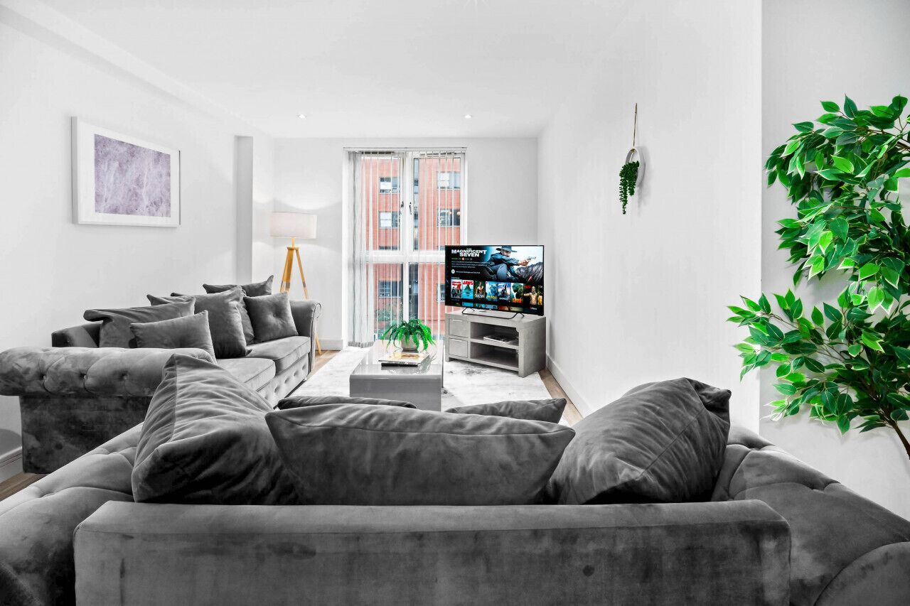 A modern living room with a grey sofa, a flat-screen TV, and a plant.