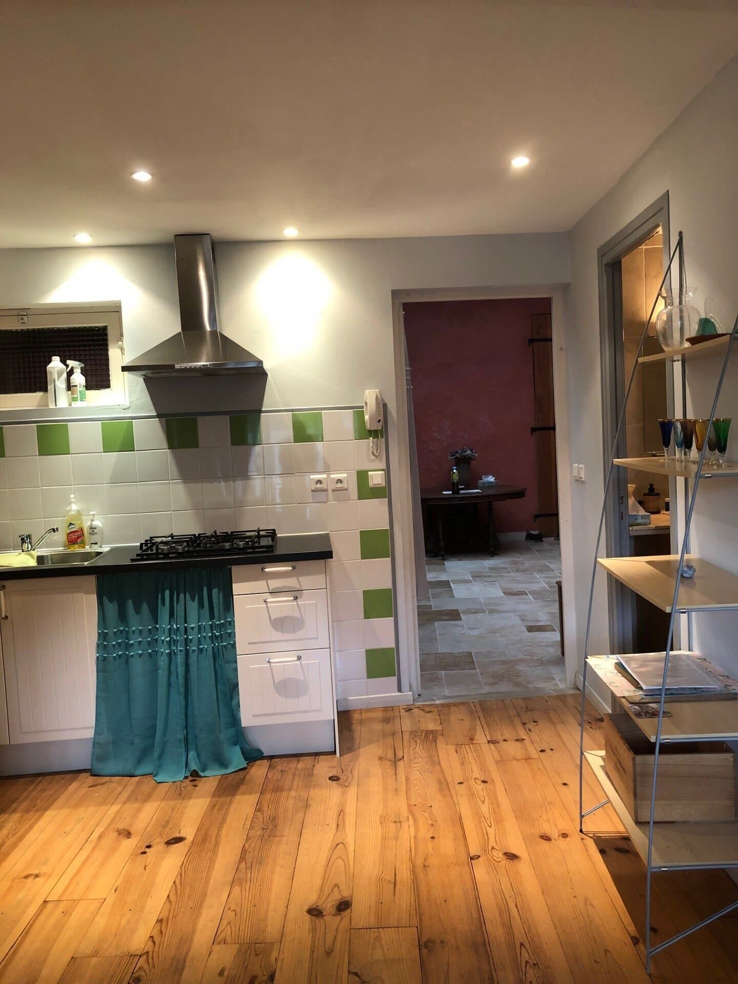 Grand réfrigérateur, micro-ondes, plaque de cuisson, lave-vaisselle