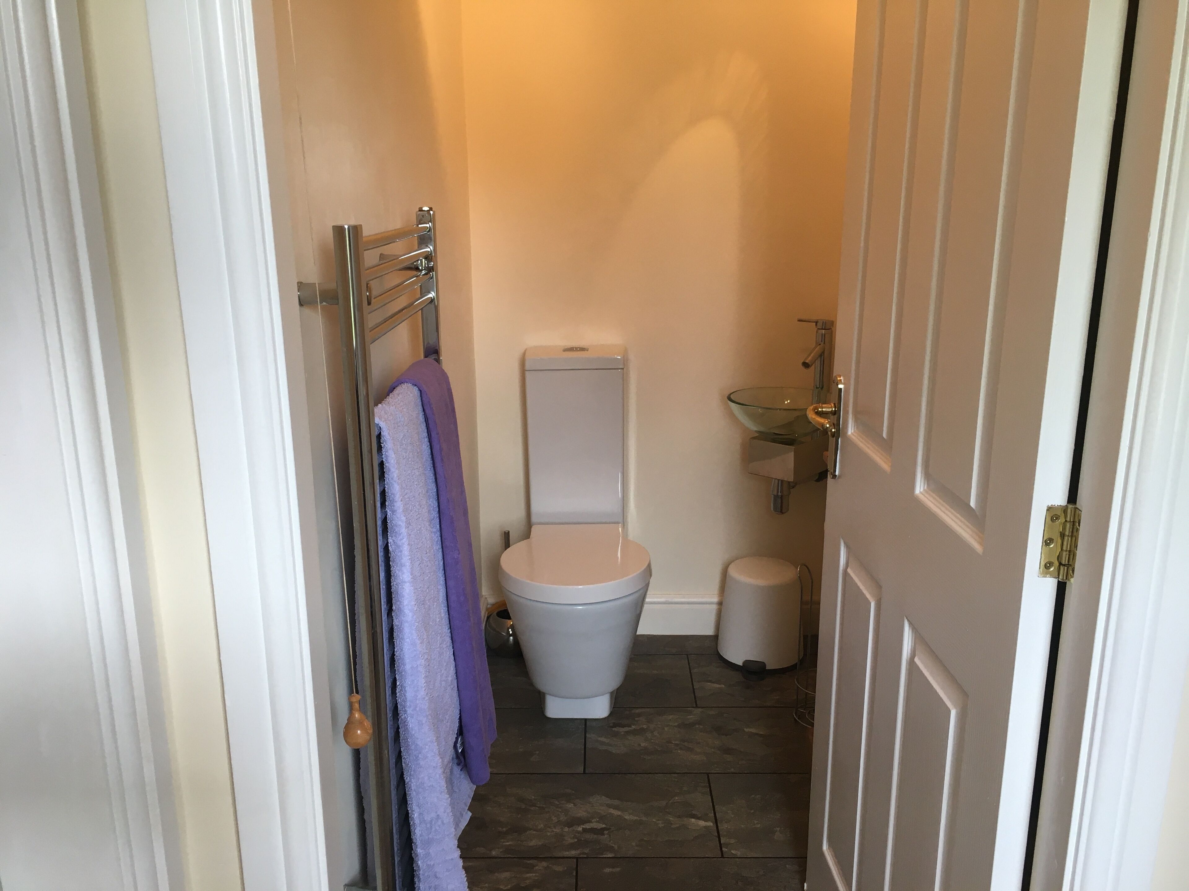 A compact bathroom with a toilet, a glass sink, and a towel rack.