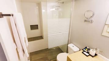 A modern bathroom with a glass-enclosed shower, a toilet, and a sink with toiletries.