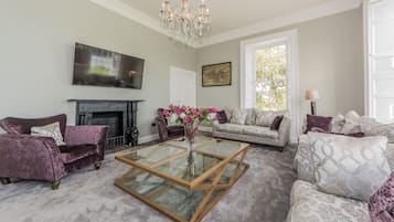 Smart TV, fireplace, foosball