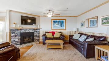 Smart TV, fireplace, DVD player