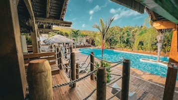 Outdoor pool, pool umbrellas, pool loungers
