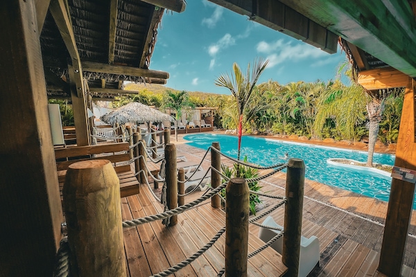 Outdoor pool, pool umbrellas, pool loungers