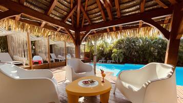 Outdoor pool, pool umbrellas, pool loungers