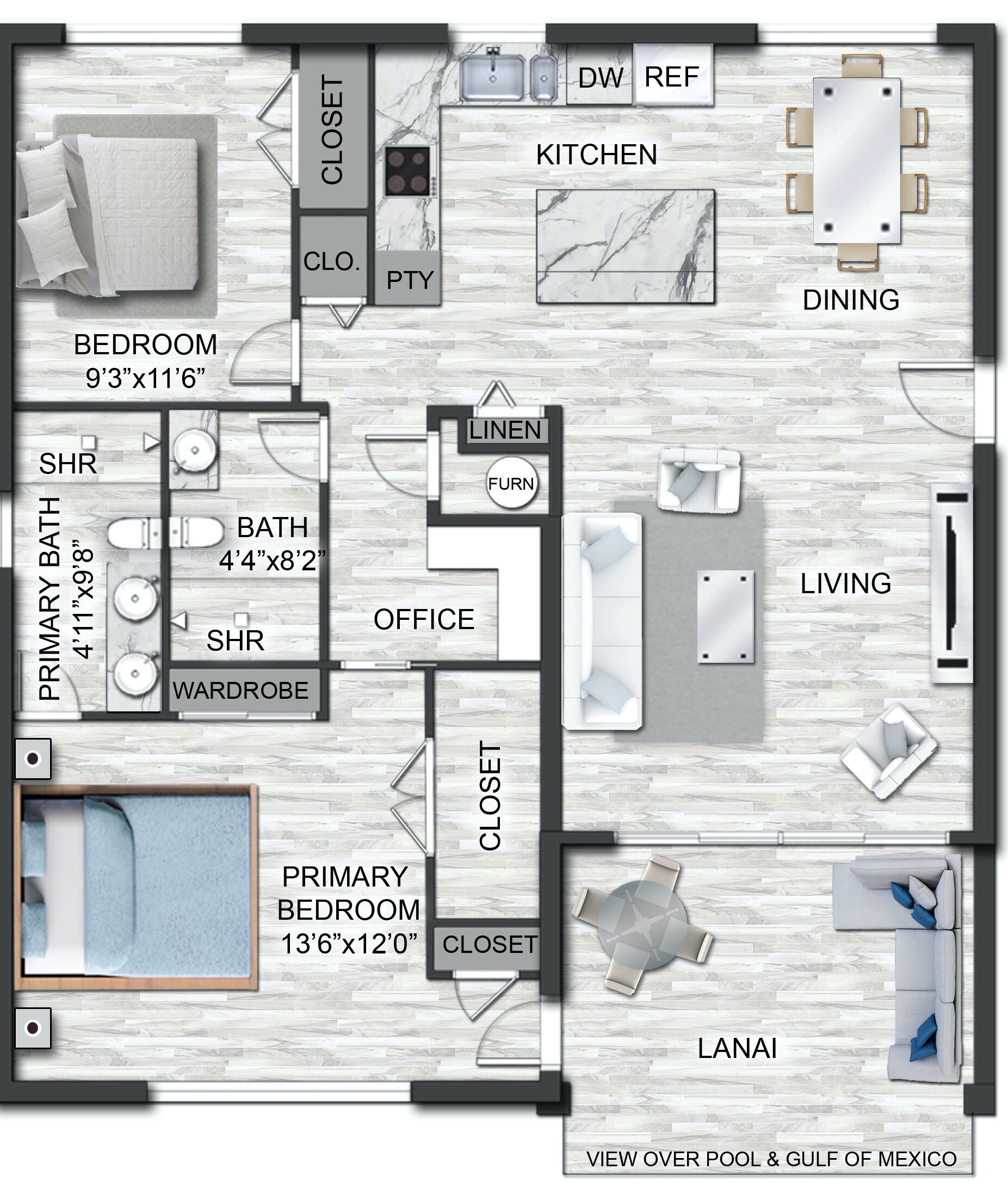 A floor plan of a hotel with a bedroom, bathroom, office, closet, dining area, kitchen, lanai, and living room.