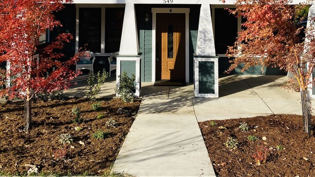 A two-story house with a front porch, a number '549' above the door, and a small garden with red-leafed trees. - Premier Downstairs Flat in Perfect Down Town Location  (Ashland)