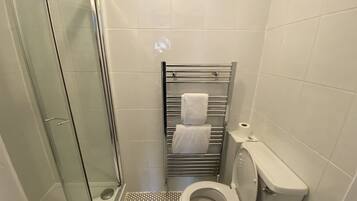 A small, modern bathroom with a glass shower enclosure, a toilet, and a towel rack.