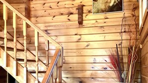A wooden staircase with a railing, a potted plant, and a framed picture on the wall.