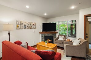 Fernseher, Kamin, DVD-Player, Videothek