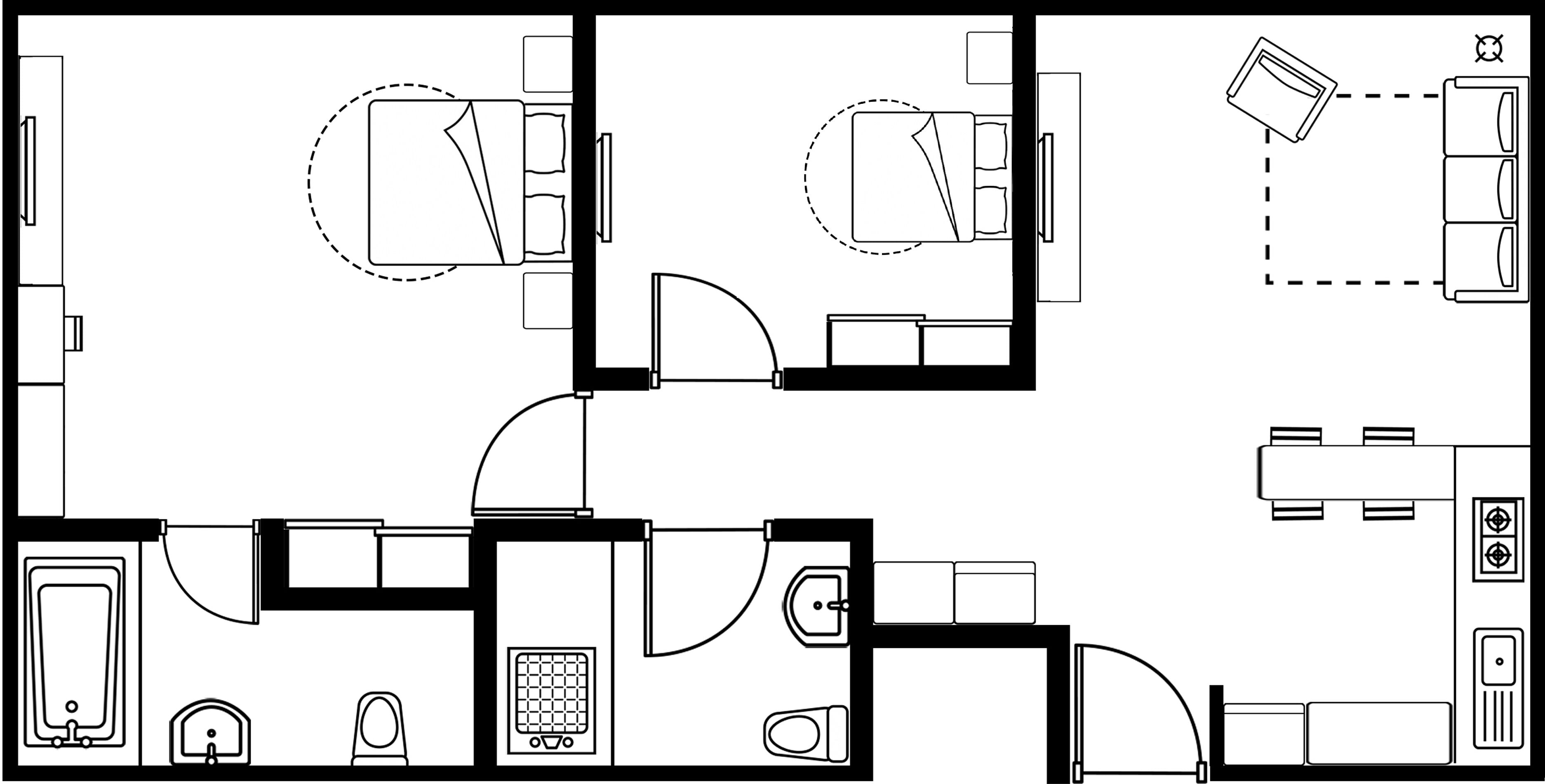 A hotel layout with multiple bedrooms, a kitchen, a bathroom, and a dining area.