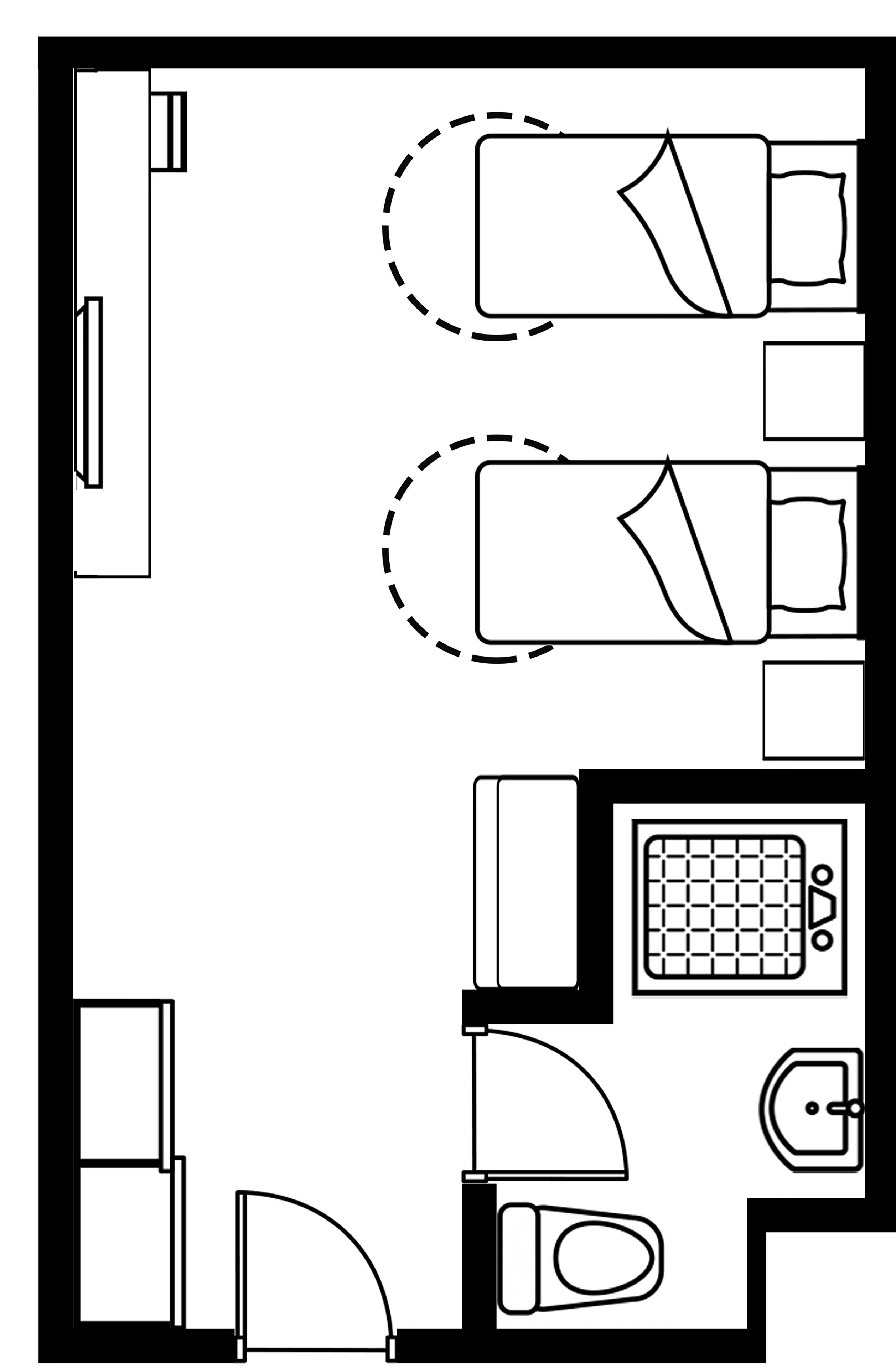 Plano de un cuarto de hotel que muestra una cama, un escritorio, una silla, un baño con lavamanos e inodoro, y una kitchenette pequeña.