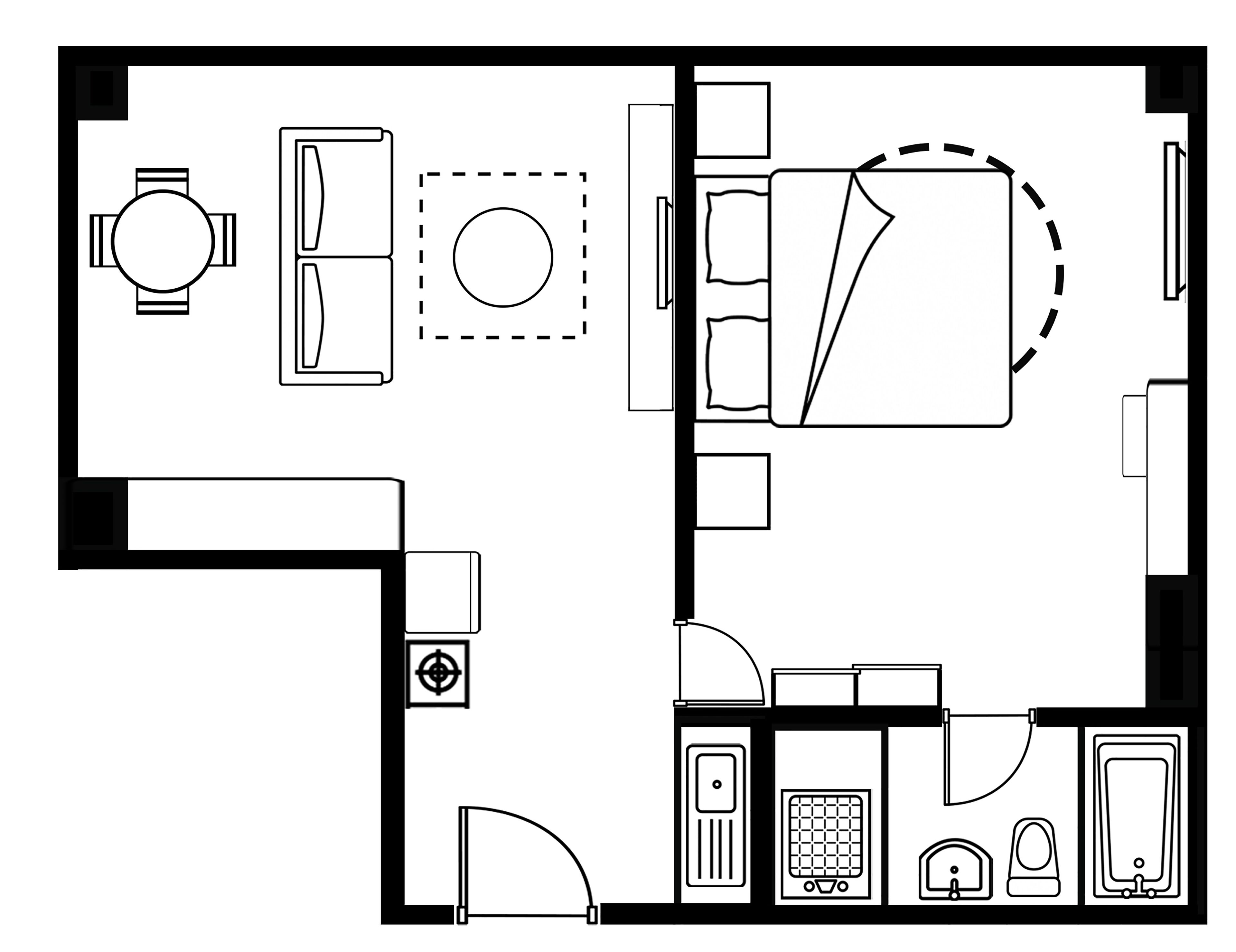 A floor plan of a hotel room with a bed, a desk, a chair, a small table, a sofa, a TV, a wardrobe, a bathroom with a sink and toilet, and a shower.
