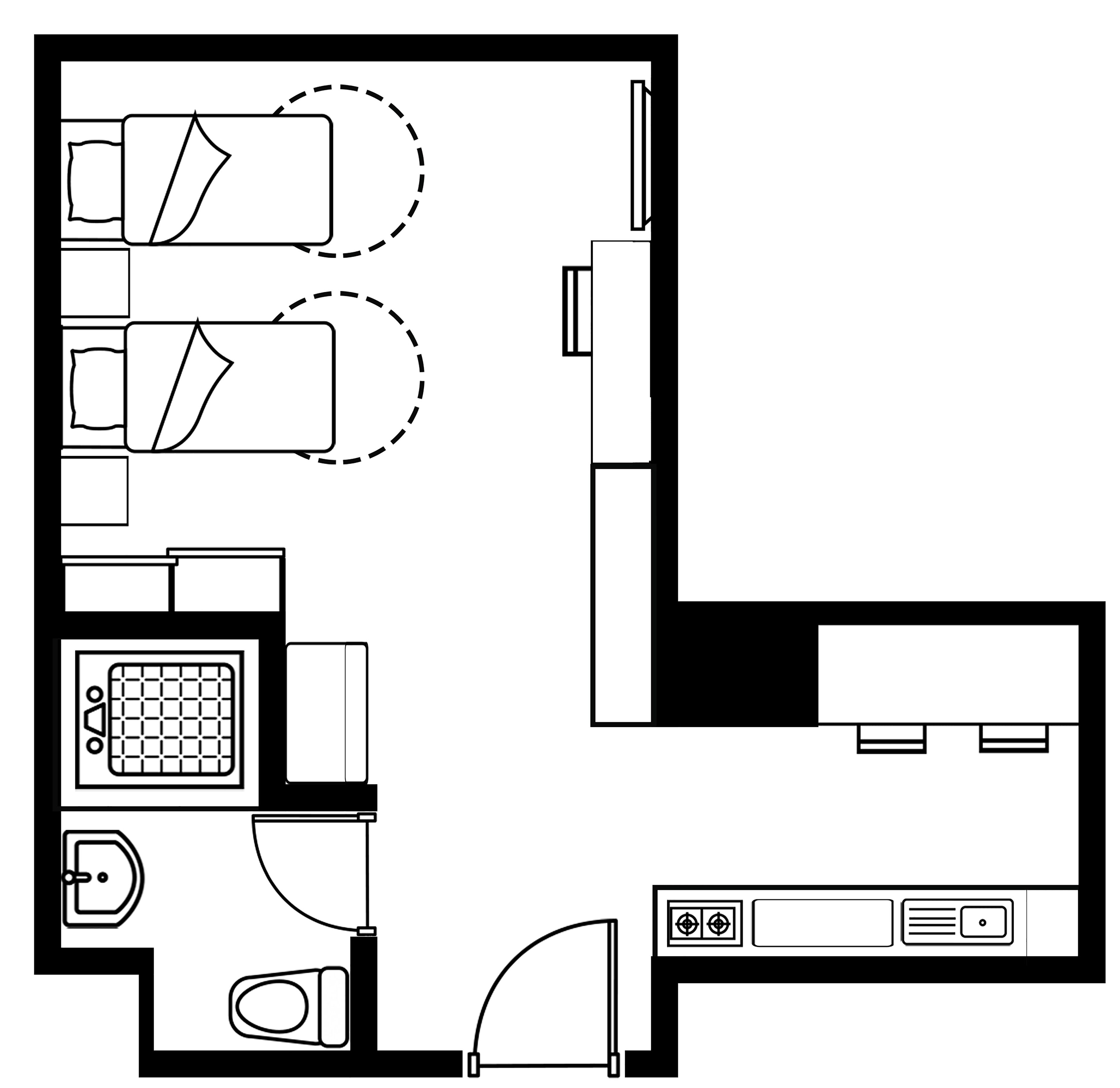 A floor plan of a hotel room with a kitchenette, a bed, a bathroom, and a seating area.