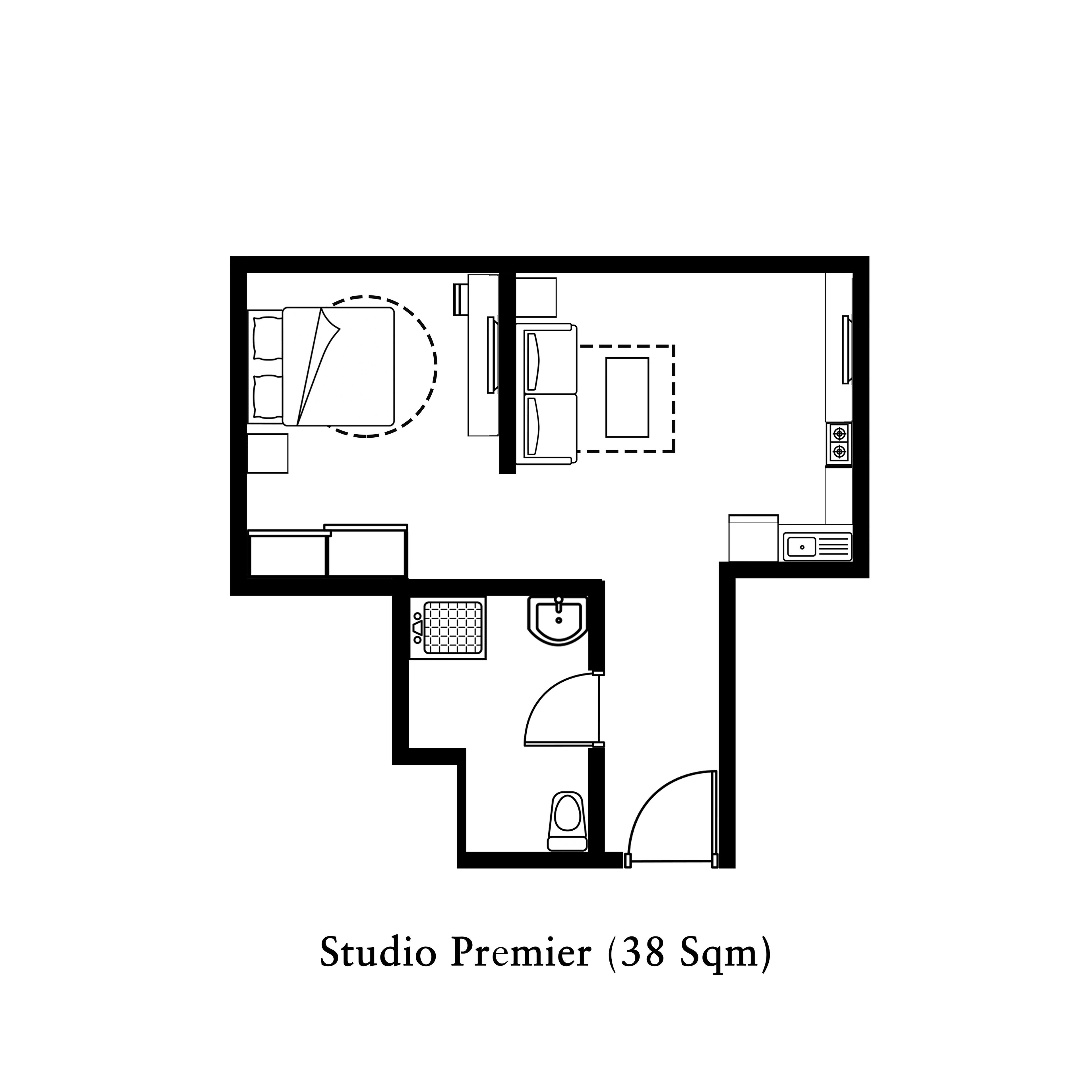 Plano de planta de un apartamento Studio Premier de 38 metros cuadrados, que incluye cocina, comedor y baño.