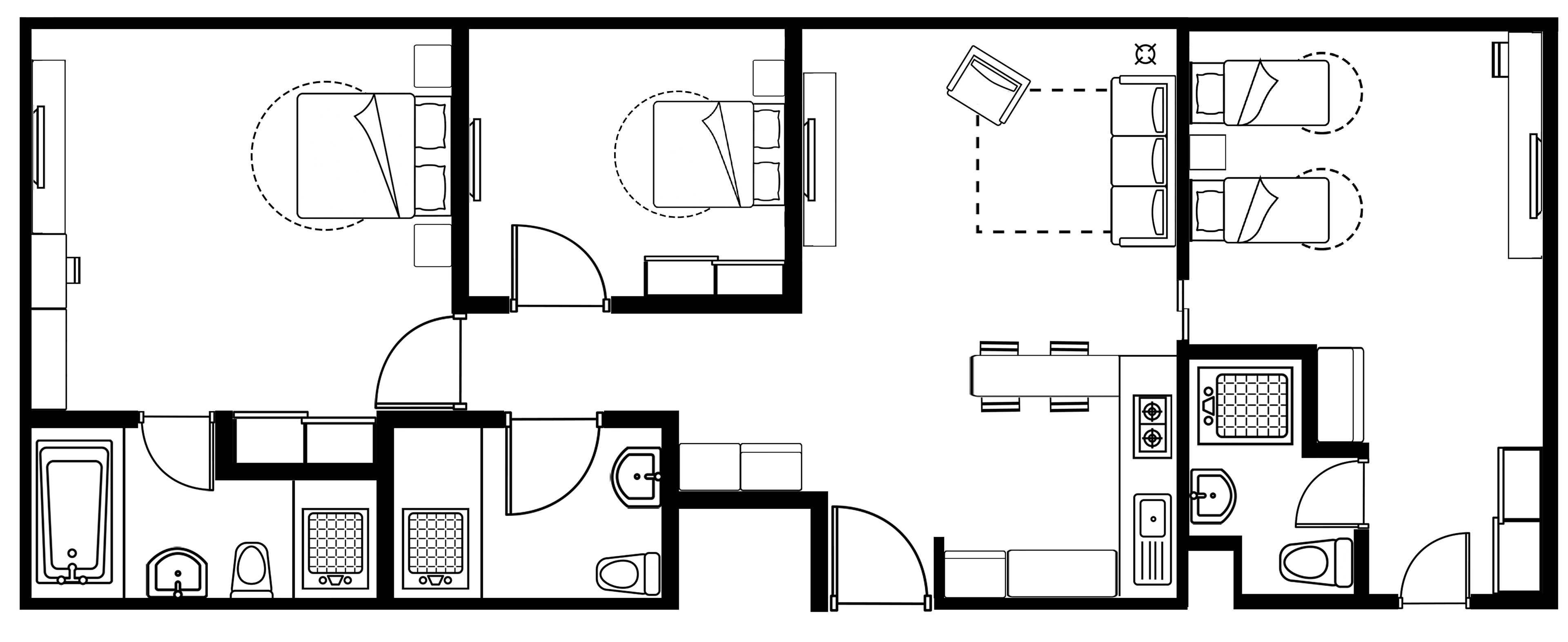 A hotel floor plan with multiple bedrooms, a kitchen, a dining area, and a bathroom.