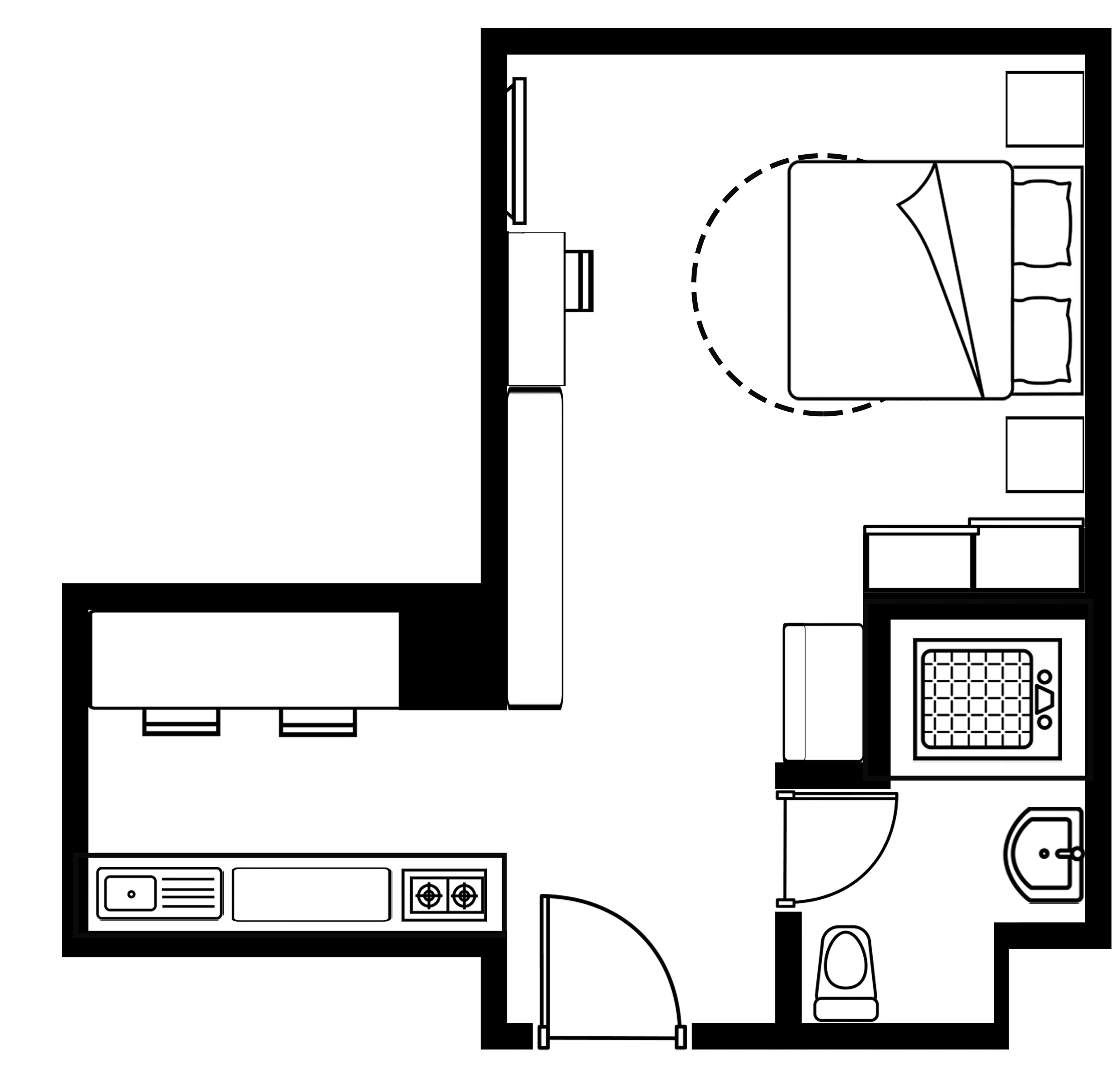 Planta baixa de um quarto de hotel, com uma cama, uma escrivaninha, uma cadeira, uma pequena cozinha e um banheiro.