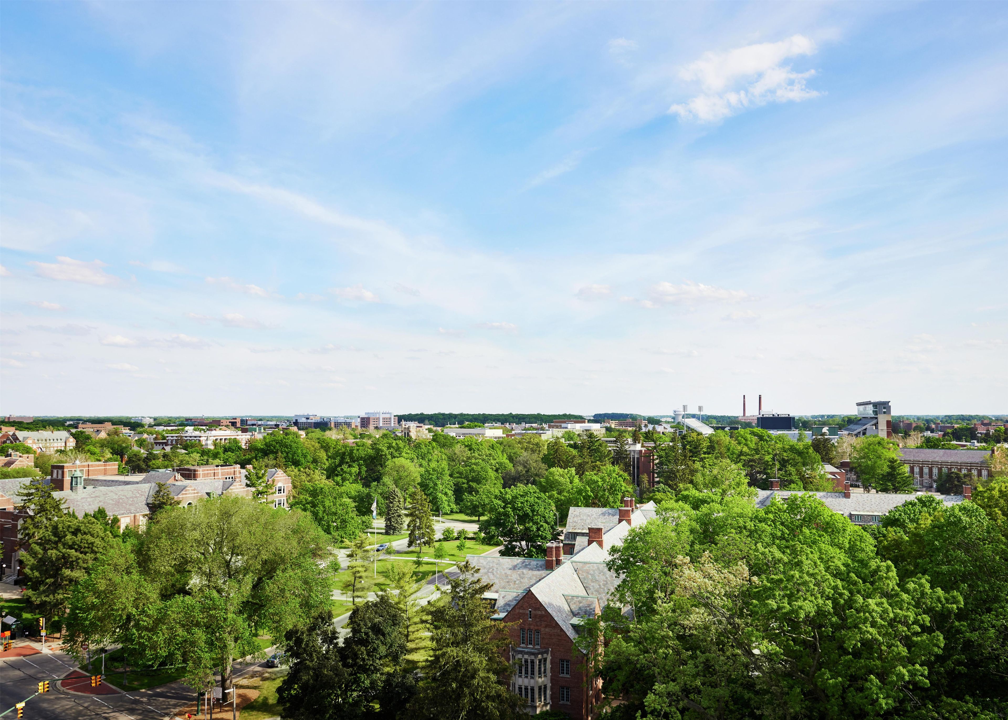 Ein Campus mit mehreren Gebäuden, Grünflächen und einem klaren Himmel.